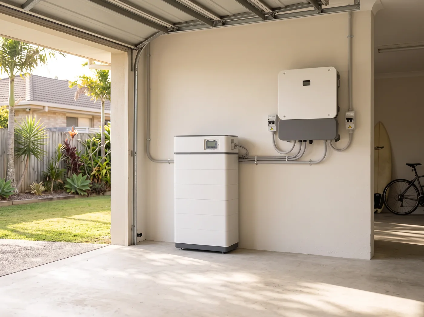 Illustration of a home battery and inverter in a Gold Coast-style garage overlooking a subtropical garden