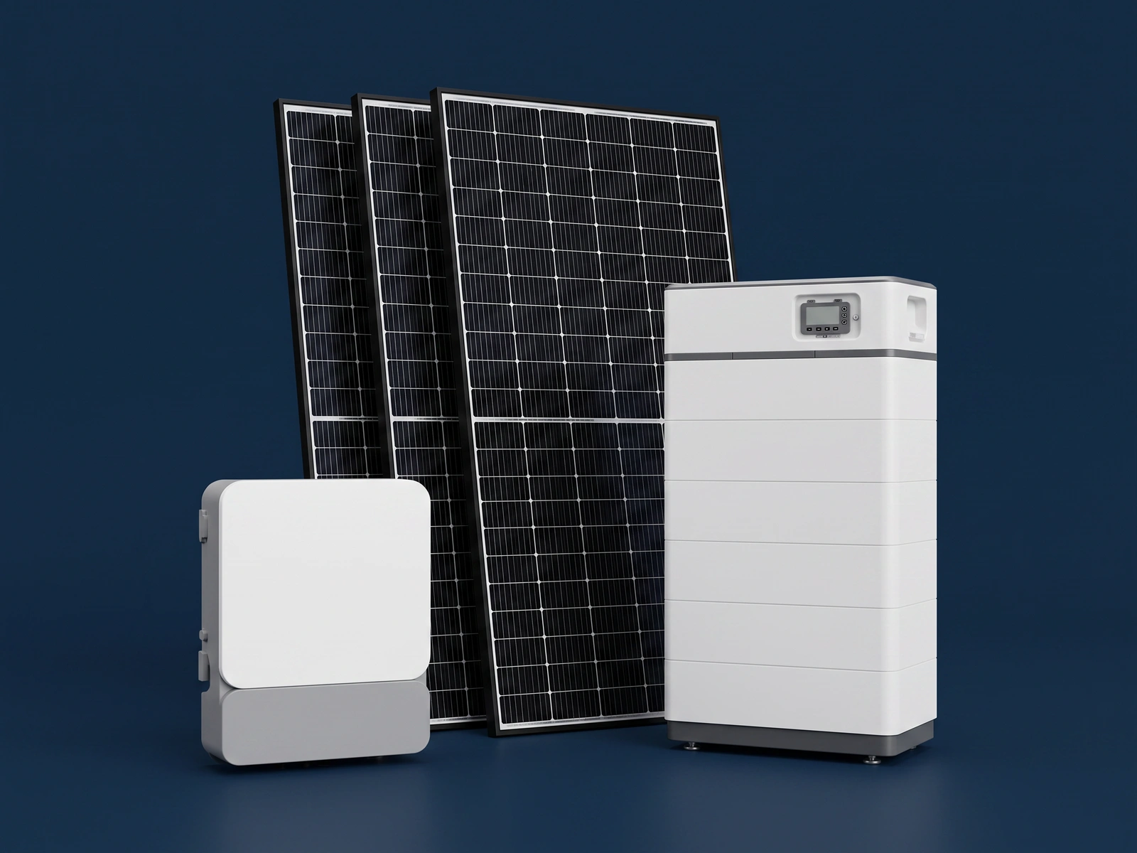 Illustrative larger solar package with black panels, a white modular battery and a separate inverter