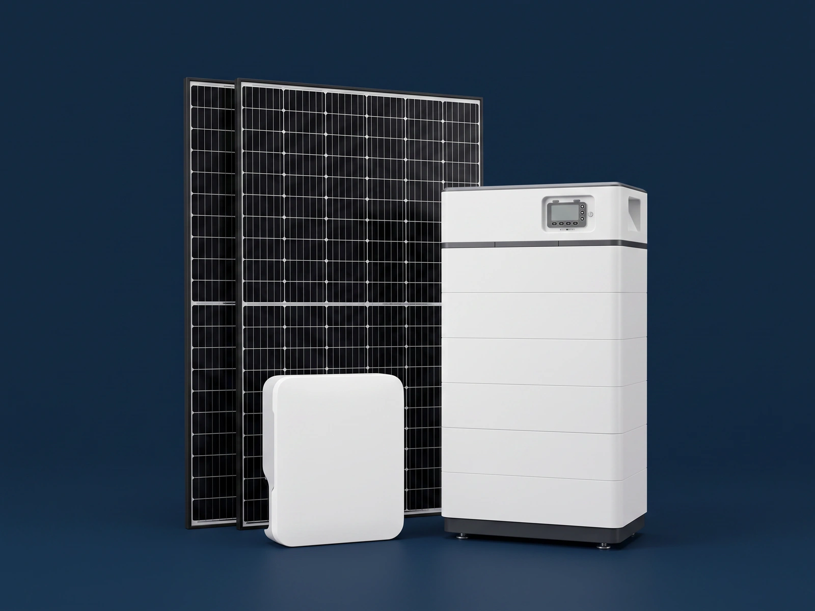 Illustrative solar package with black panels, a white modular battery and a separate inverter